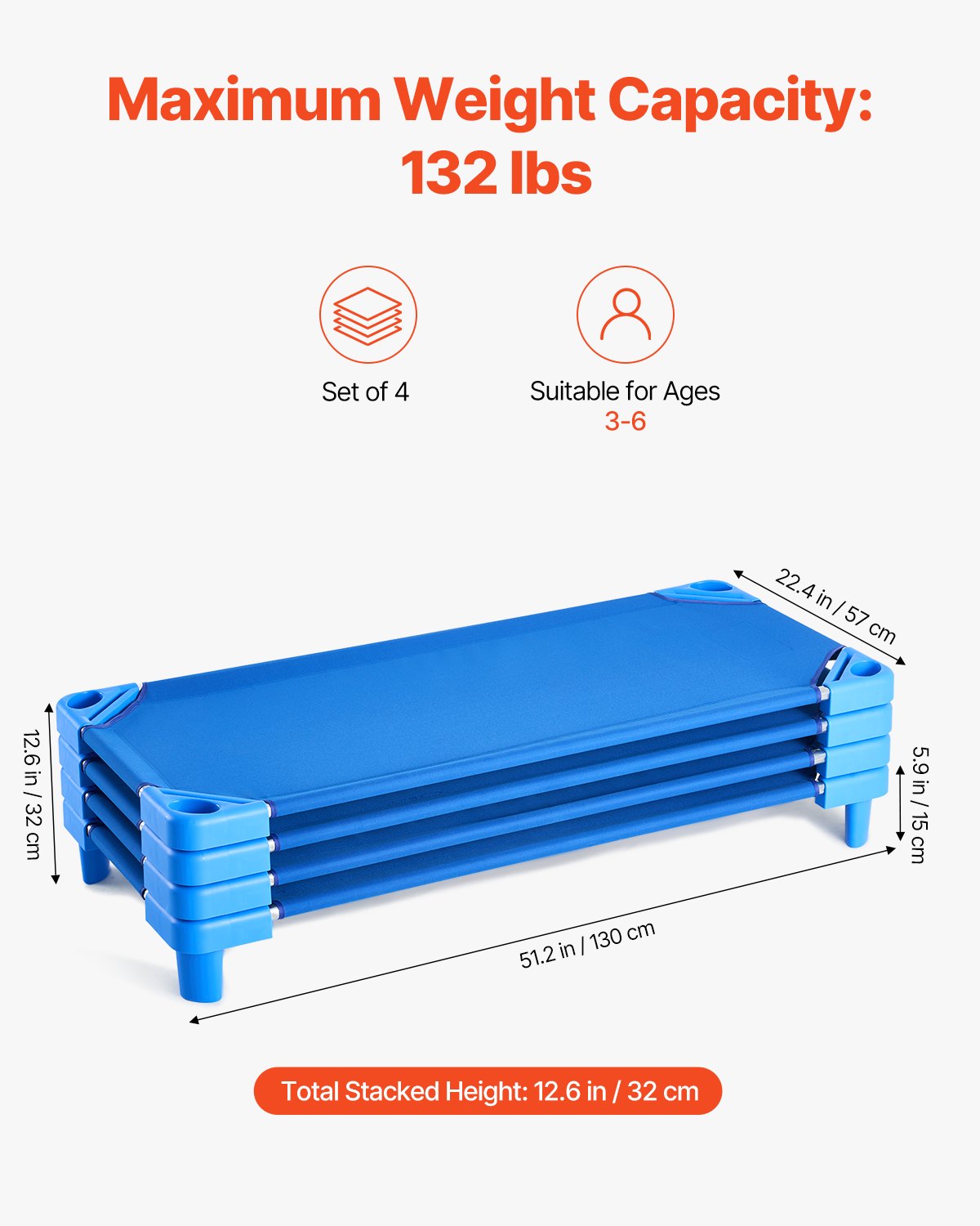 VEVOR Stackable Kiddie Cot, Pack of 4,  Portable Toddler Nap Cots, Standard Size 52" L x 23" W Daycare Cots for Kids, Preschool Classroom Daycare Beds for Sleeping, Resting, Naptime, Blue - ETWSDCJXBZCZU4JG0V0 - view 3
