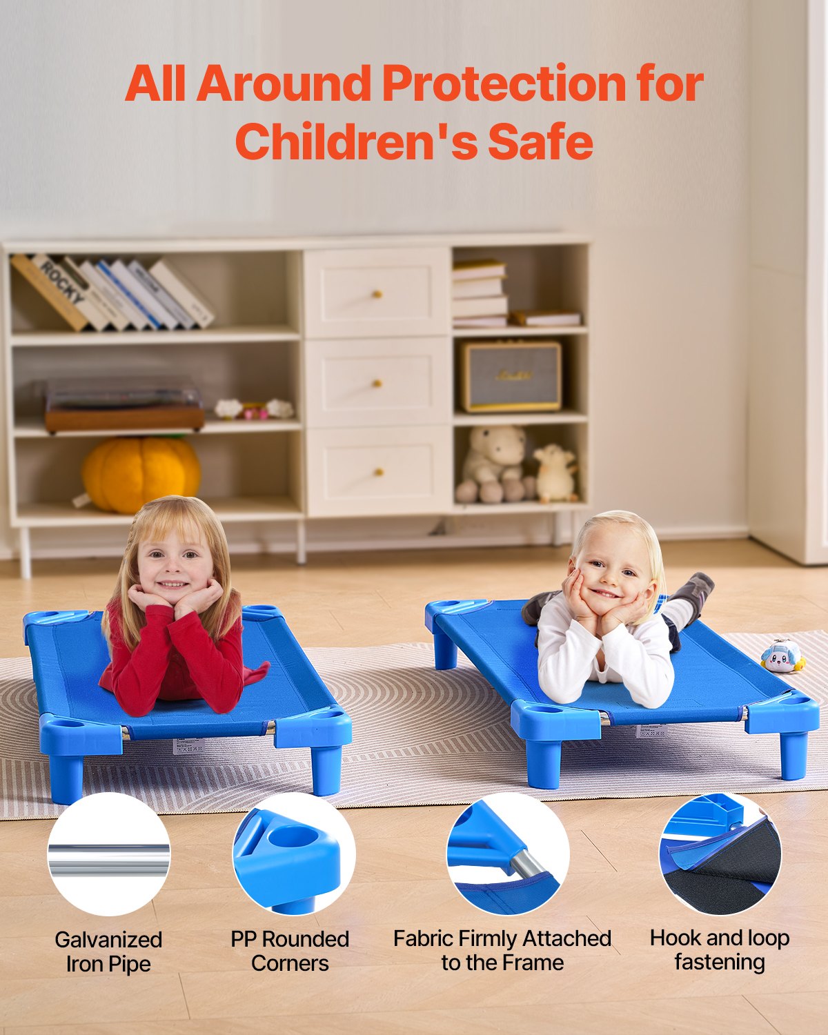 VEVOR Stackable Kiddie Cot, Pack of 4,  Portable Toddler Nap Cots, Standard Size 52" L x 23" W Daycare Cots for Kids, Preschool Classroom Daycare Beds for Sleeping, Resting, Naptime, Blue - ETWSDCJXBZCZU4JG0V0 - view 4