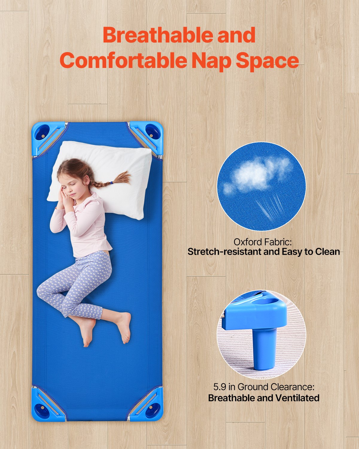 VEVOR Stackable Kiddie Cot, Pack of 4,  Portable Toddler Nap Cots, Standard Size 52" L x 23" W Daycare Cots for Kids, Preschool Classroom Daycare Beds for Sleeping, Resting, Naptime, Blue - ETWSDCJXBZCZU4JG0V0 - view 5