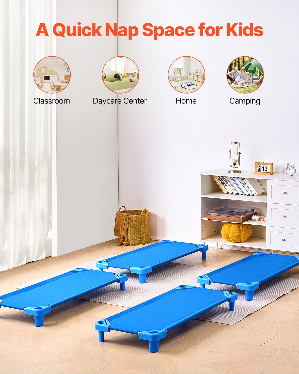 VEVOR Stackable Kiddie Cot, Pack of 4,  Portable Toddler Nap Cots, Standard Size 52" L x 23" W Daycare Cots for Kids, Preschool Classroom Daycare Beds for Sleeping, Resting, Naptime, Blue - ETWSDCJXBZCZU4JG0V0 - view 7
