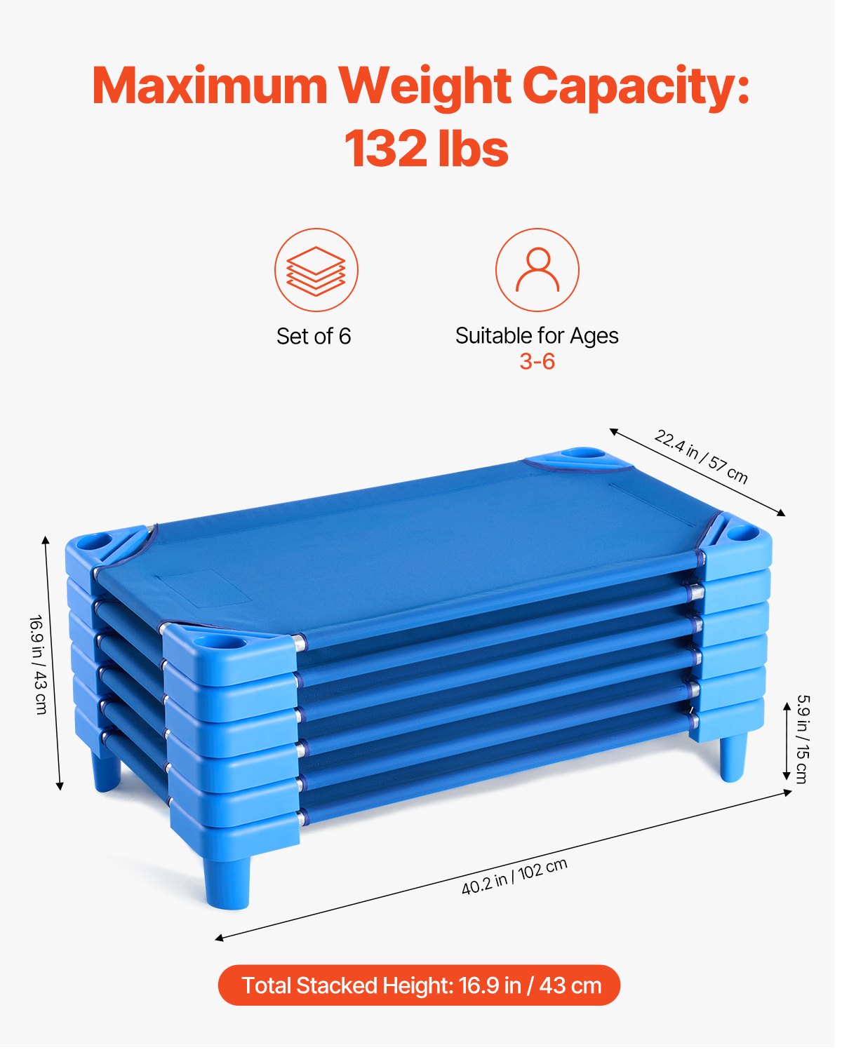 VEVOR Stackable Kiddie Cot, Pack of 6,  Portable Toddler Nap Cots, Standard Size 40" L x 23" W Daycare Cots for Kids, Preschool Classroom Daycare Beds for Sleeping, Resting, Naptime, Blue - ETWSDCJXYECZHRPYYV0 - view 3