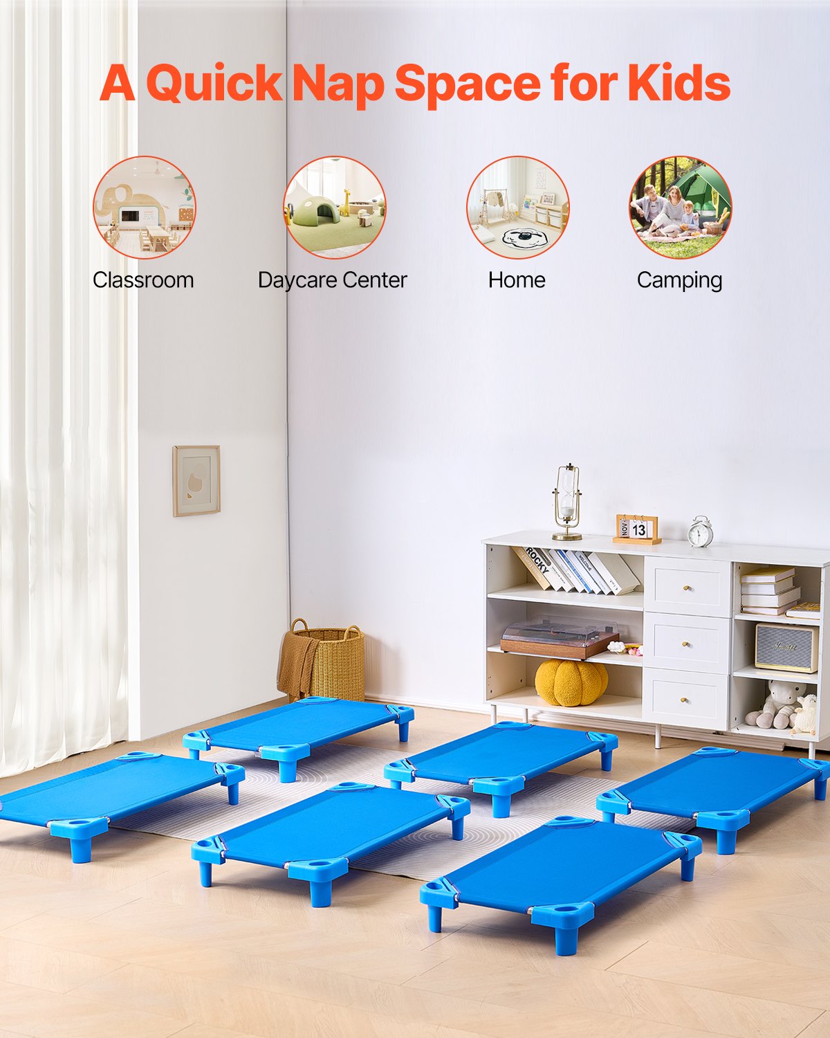 VEVOR Stackable Kiddie Cot, Pack of 6,  Portable Toddler Nap Cots, Standard Size 40" L x 23" W Daycare Cots for Kids, Preschool Classroom Daycare Beds for Sleeping, Resting, Naptime, Blue - ETWSDCJXYECZHRPYYV0 - view 7