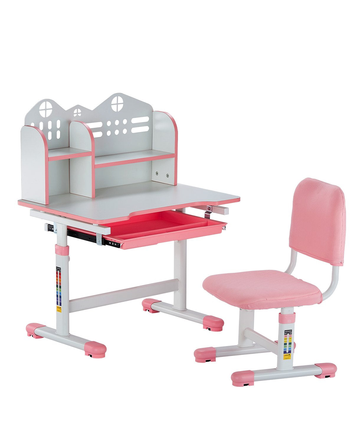 VEVOR Kids Study Chair and Desk Set, Study Desk and Chair for Kids with Bookshelf and Storage Drawer, Adjustable Height Kids Study Desk with Chair, Children Study Table for Bedroom & Study Room, Pink - ETXXZYDSJK20IW519V0 - view 1