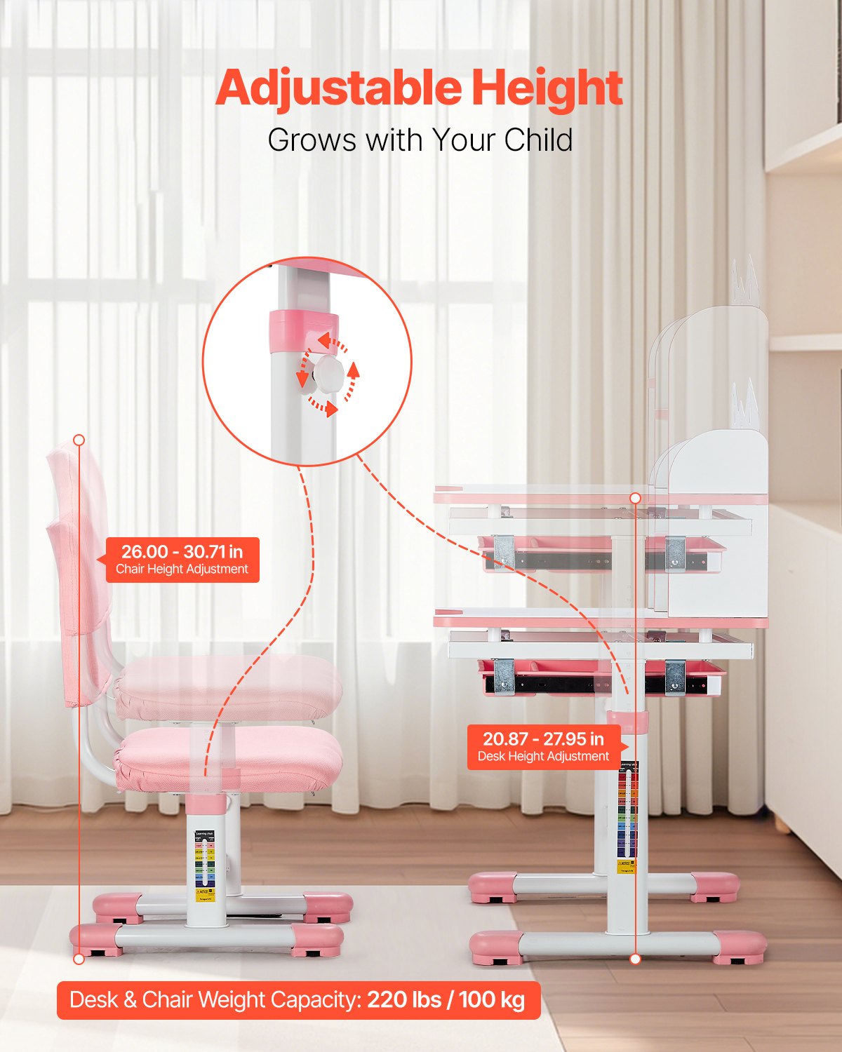 VEVOR Kids Study Chair and Desk Set, Study Desk and Chair for Kids with Bookshelf and Storage Drawer, Adjustable Height Kids Study Desk with Chair, Children Study Table for Bedroom & Study Room, Pink - ETXXZYDSJK20IW519V0 - view 3