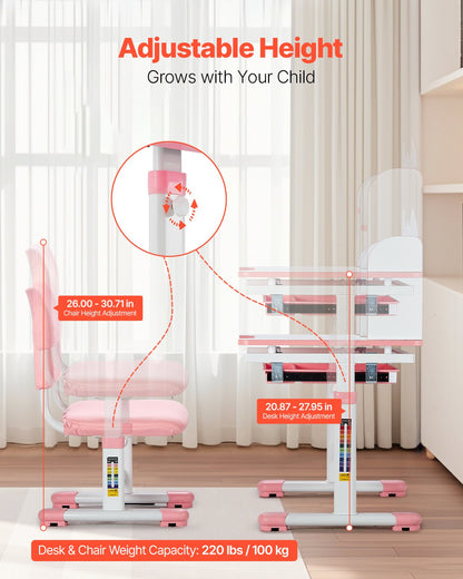 VEVOR Kids Study Chair and Desk Set, Study Desk and Chair for Kids with Bookshelf and Storage Drawer, Adjustable Height Kids Study Desk with Chair, Children Study Table for Bedroom & Study Room, Pink - ETXXZYDSJK20IW519V0 - view 3