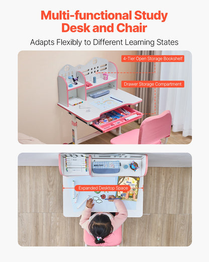 VEVOR Kids Study Chair and Desk Set, Study Desk and Chair for Kids with Bookshelf and Storage Drawer, Adjustable Height Kids Study Desk with Chair, Children Study Table for Bedroom & Study Room, Pink - ETXXZYDSJK20IW519V0 - view 4