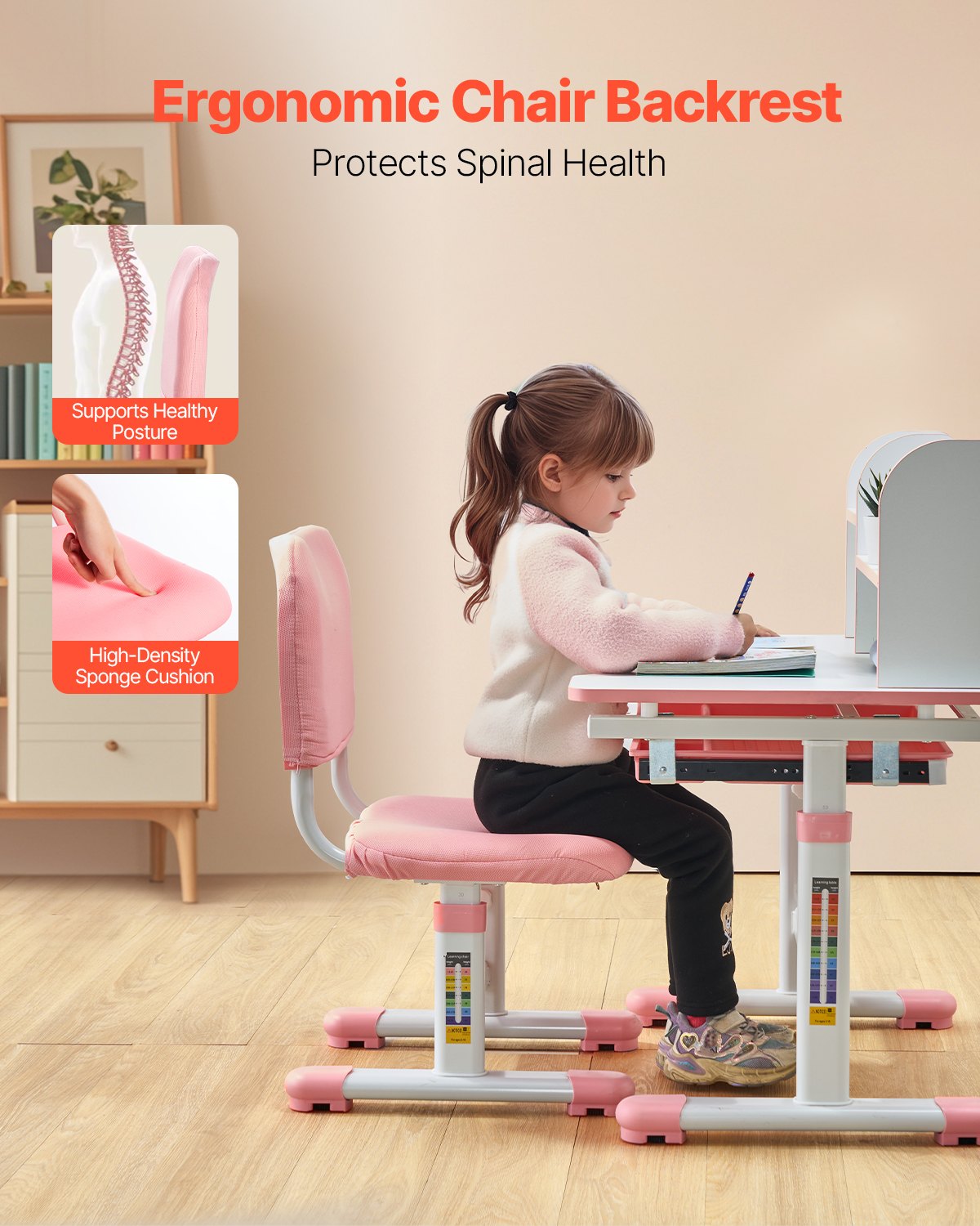 VEVOR Kids Study Chair and Desk Set, Study Desk and Chair for Kids with Bookshelf and Storage Drawer, Adjustable Height Kids Study Desk with Chair, Children Study Table for Bedroom & Study Room, Pink - ETXXZYDSJK20IW519V0 - view 5