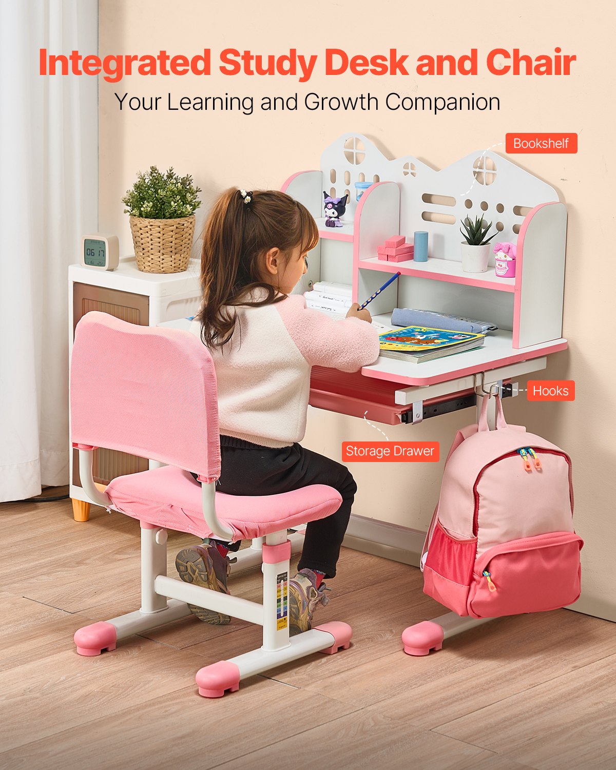 VEVOR Kids Study Chair and Desk Set, Study Desk and Chair for Kids with Bookshelf and Storage Drawer, Adjustable Height Kids Study Desk with Chair, Children Study Table for Bedroom & Study Room, Pink - ETXXZYDSJK20IW519V0 - view 6