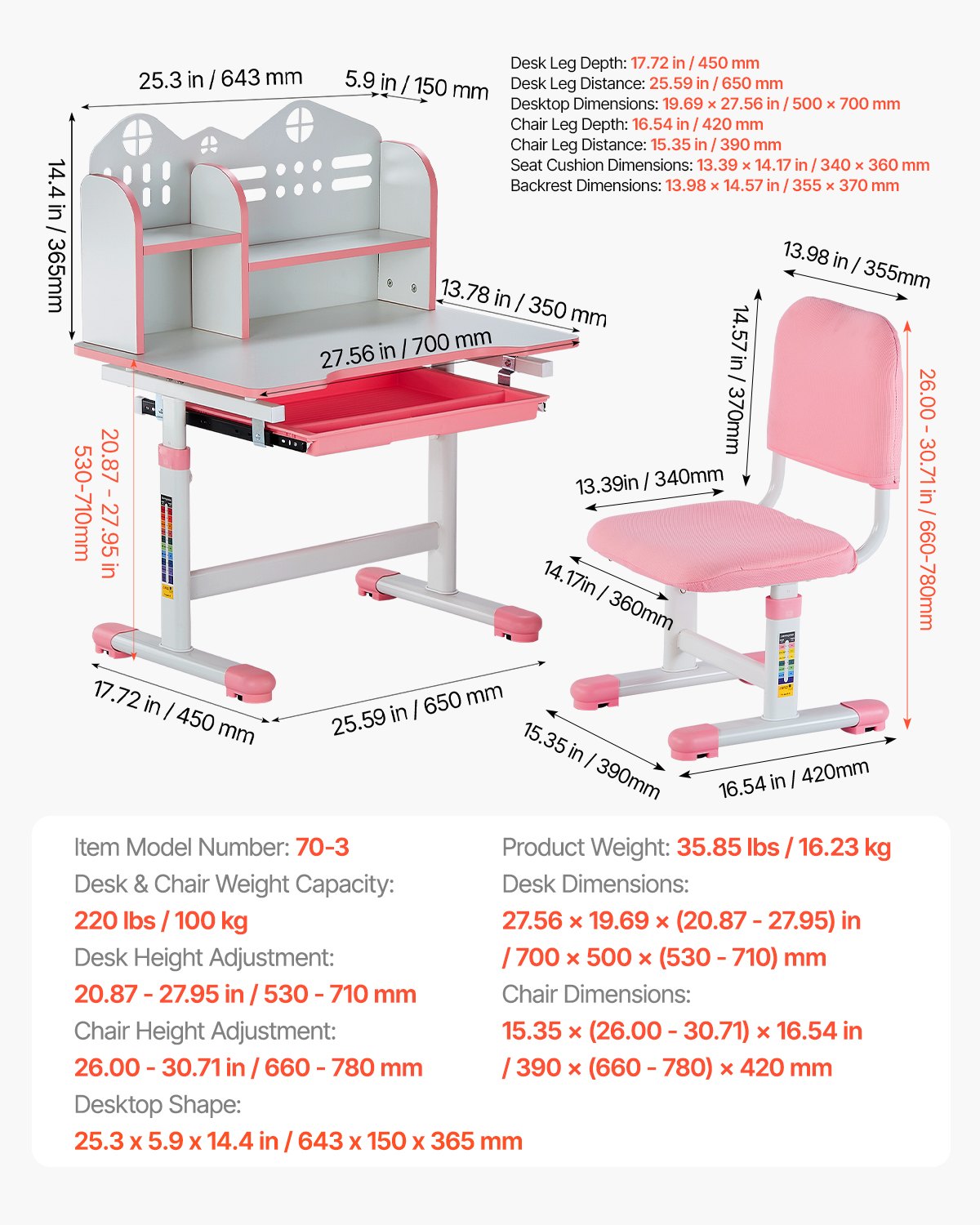 VEVOR Kids Study Chair and Desk Set, Study Desk and Chair for Kids with Bookshelf and Storage Drawer, Adjustable Height Kids Study Desk with Chair, Children Study Table for Bedroom & Study Room, Pink - ETXXZYDSJK20IW519V0 - view 8