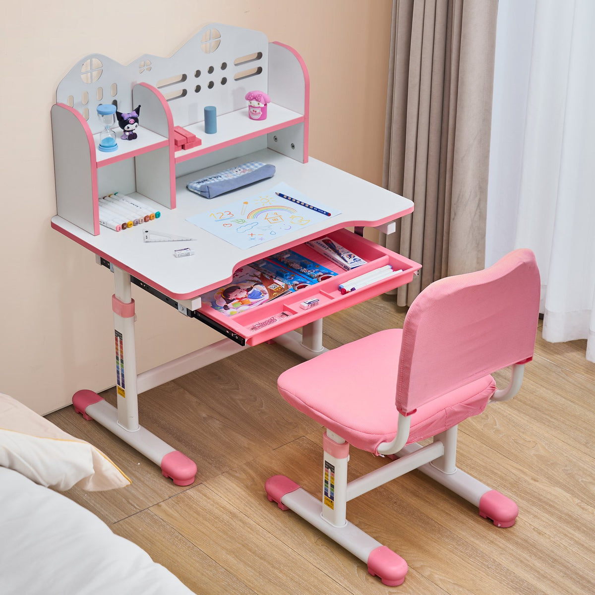 VEVOR Kids Study Chair and Desk Set, Study Desk and Chair for Kids with Bookshelf and Storage Drawer, Adjustable Height Kids Study Desk with Chair, Children Study Table for Bedroom & Study Room, Pink - ETXXZYDSJK20IW519V0 - view 9
