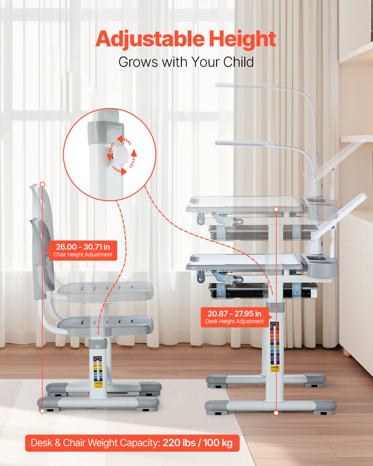 VEVOR Kids Study Chair and Desk Set, Study Desk and Chair for Kids with Table Lamp, Adjustable Height & 0-40° Tilted Desktop Kids Desk and Chair, Children Study Table for Bedroom & Study Room, Grey - ETXXZYDTDK20DTXRHV9 - view 3