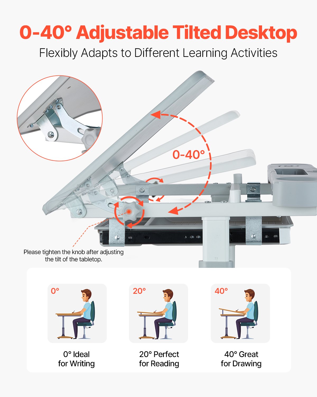 VEVOR Kids Study Chair and Desk Set, Study Desk and Chair for Kids with Table Lamp, Adjustable Height & 0-40° Tilted Desktop Kids Desk and Chair, Children Study Table for Bedroom & Study Room, Grey - ETXXZYDTDK20DTXRHV9 - view 4