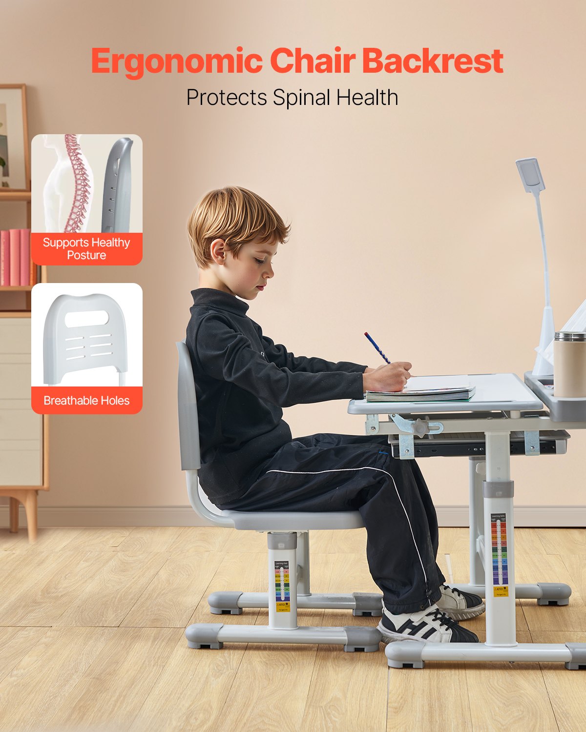 VEVOR Kids Study Chair and Desk Set, Study Desk and Chair for Kids with Table Lamp, Adjustable Height & 0-40° Tilted Desktop Kids Desk and Chair, Children Study Table for Bedroom & Study Room, Grey - ETXXZYDTDK20DTXRHV9 - view 5