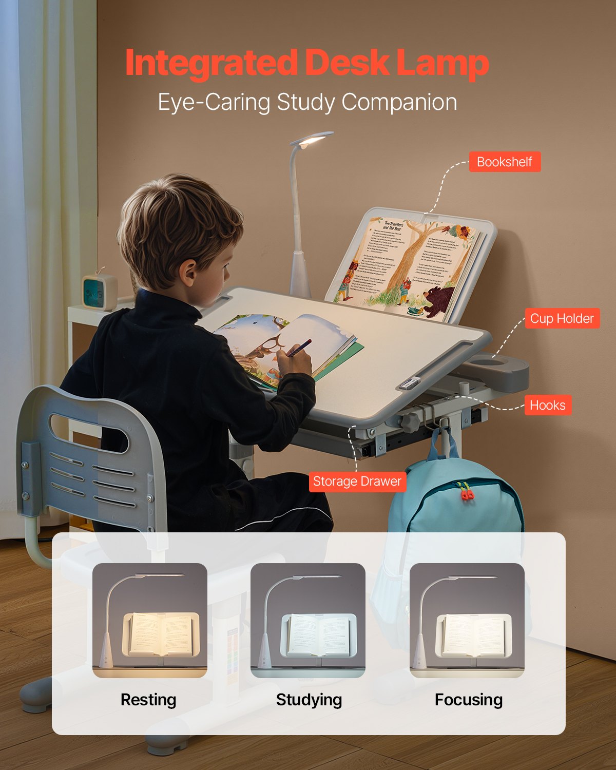 VEVOR Kids Study Chair and Desk Set, Study Desk and Chair for Kids with Table Lamp, Adjustable Height & 0-40° Tilted Desktop Kids Desk and Chair, Children Study Table for Bedroom & Study Room, Grey - ETXXZYDTDK20DTXRHV9 - view 6