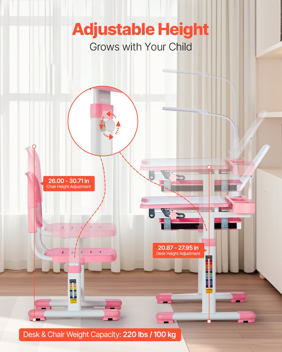 VEVOR Kids Study Chair and Desk Set, Study Desk and Chair for Kids with Table Lamp, Adjustable Height & 0-40° Tilted Desktop Kids Desk and Chair, Children Study Table for Bedroom & Study Room, Pink - ETXXZYDTDK20EXB4IV9 - view 3