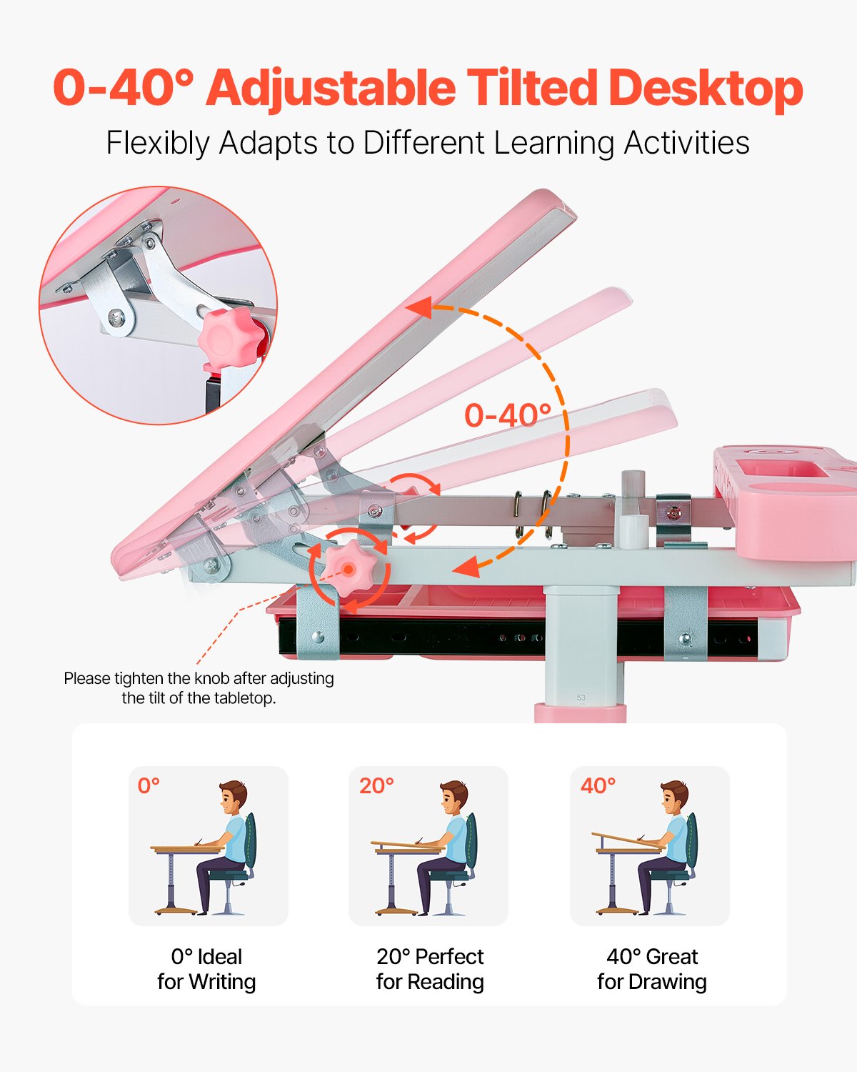 VEVOR Kids Study Chair and Desk Set, Study Desk and Chair for Kids with Table Lamp, Adjustable Height & 0-40° Tilted Desktop Kids Desk and Chair, Children Study Table for Bedroom & Study Room, Pink - ETXXZYDTDK20EXB4IV9 - view 4