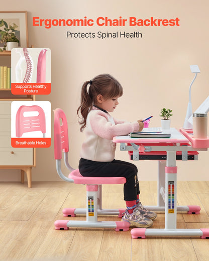 VEVOR Kids Study Chair and Desk Set, Study Desk and Chair for Kids with Table Lamp, Adjustable Height & 0-40° Tilted Desktop Kids Desk and Chair, Children Study Table for Bedroom & Study Room, Pink - ETXXZYDTDK20EXB4IV9 - view 5