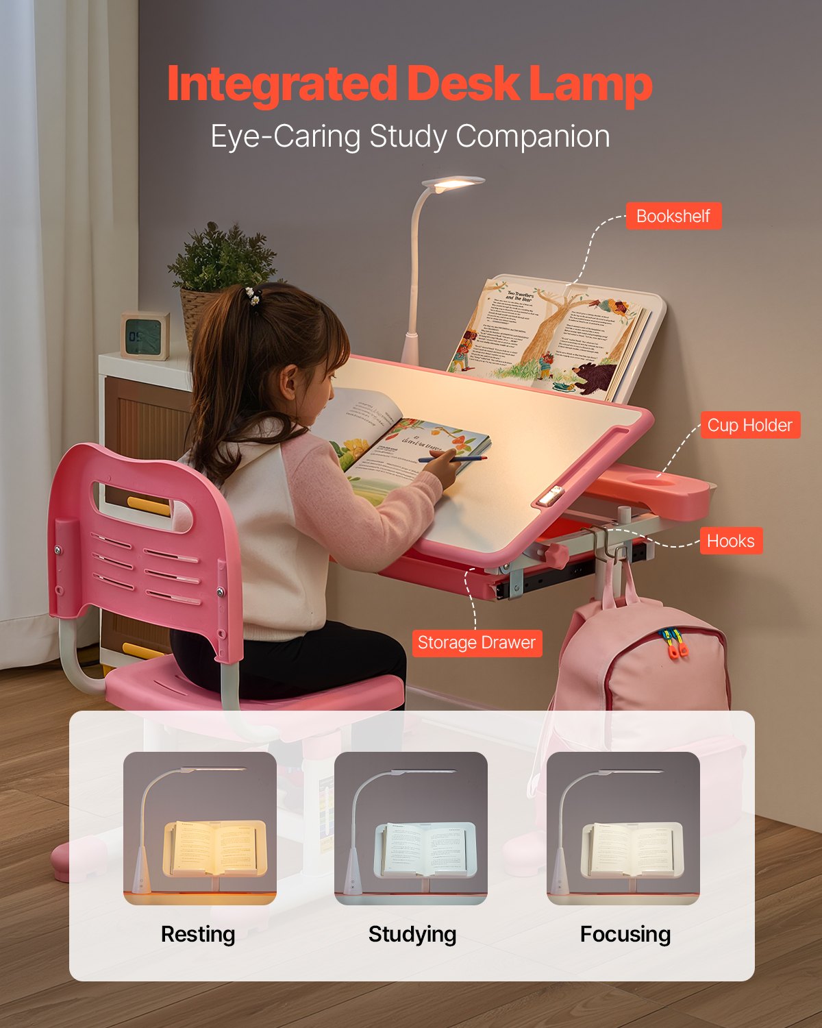 VEVOR Kids Study Chair and Desk Set, Study Desk and Chair for Kids with Table Lamp, Adjustable Height & 0-40° Tilted Desktop Kids Desk and Chair, Children Study Table for Bedroom & Study Room, Pink - ETXXZYDTDK20EXB4IV9 - view 6