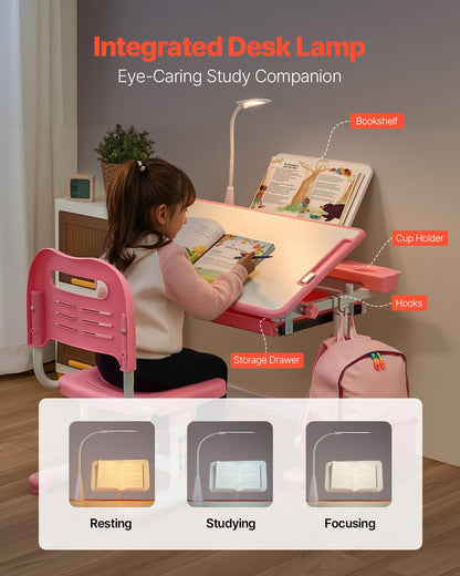 VEVOR Kids Study Chair and Desk Set, Study Desk and Chair for Kids with Table Lamp, Adjustable Height & 0-40° Tilted Desktop Kids Desk and Chair, Children Study Table for Bedroom & Study Room, Pink - ETXXZYDTDK20EXB4IV9 - view 6