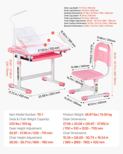 VEVOR Kids Study Chair and Desk Set, Study Desk and Chair for Kids with Table Lamp, Adjustable Height & 0-40° Tilted Desktop Kids Desk and Chair, Children Study Table for Bedroom & Study Room, Pink - ETXXZYDTDK20EXB4IV9 - view 8