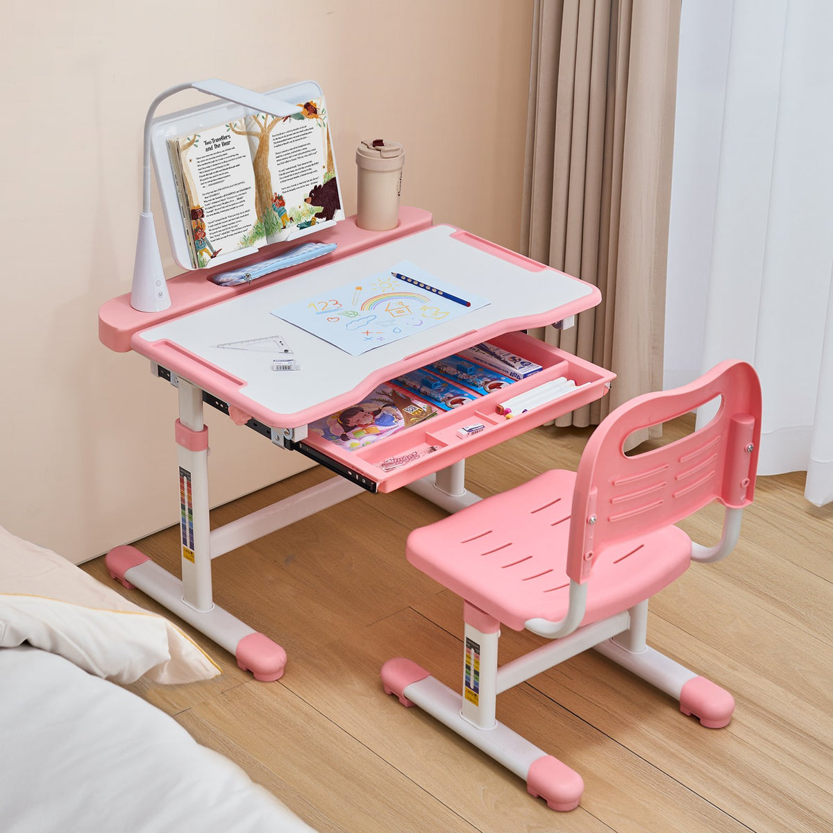 VEVOR Kids Study Chair and Desk Set, Study Desk and Chair for Kids with Table Lamp, Adjustable Height & 0-40° Tilted Desktop Kids Desk and Chair, Children Study Table for Bedroom & Study Room, Pink - ETXXZYDTDK20EXB4IV9 - view 9
