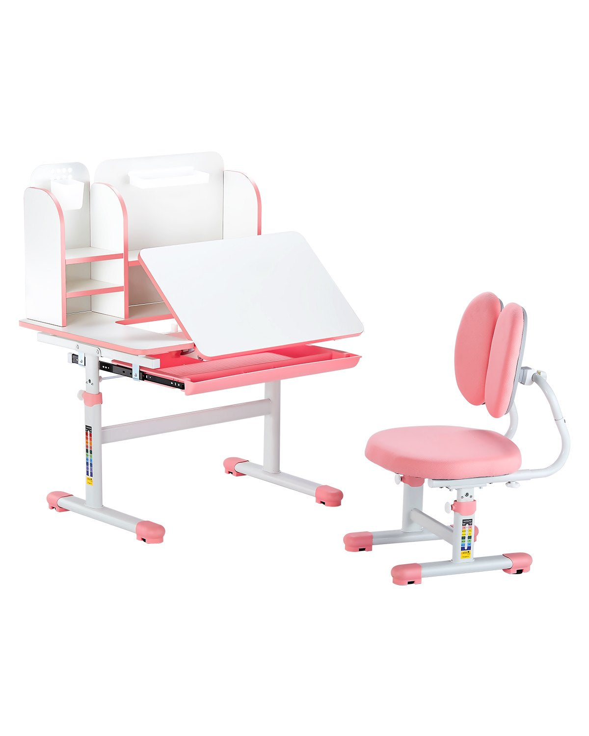 VEVOR Kids Study Chair and Desk Set, Study Desk and Chair for Kids with Bookshelf & Storage Drawer, Adjustable Height & 0-40° Tilted Desktop Desk and Chair, Study Table for Bedroom & Study Room, Pink - ETXXZYFHSDSJAB296V0 - view 1