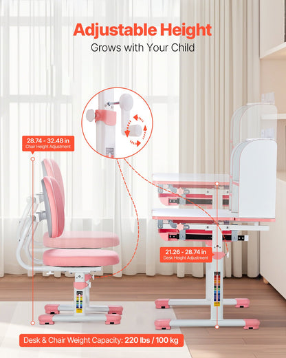 VEVOR Kids Study Chair and Desk Set, Study Desk and Chair for Kids with Bookshelf & Storage Drawer, Adjustable Height & 0-40° Tilted Desktop Desk and Chair, Study Table for Bedroom & Study Room, Pink - ETXXZYFHSDSJAB296V0 - view 3