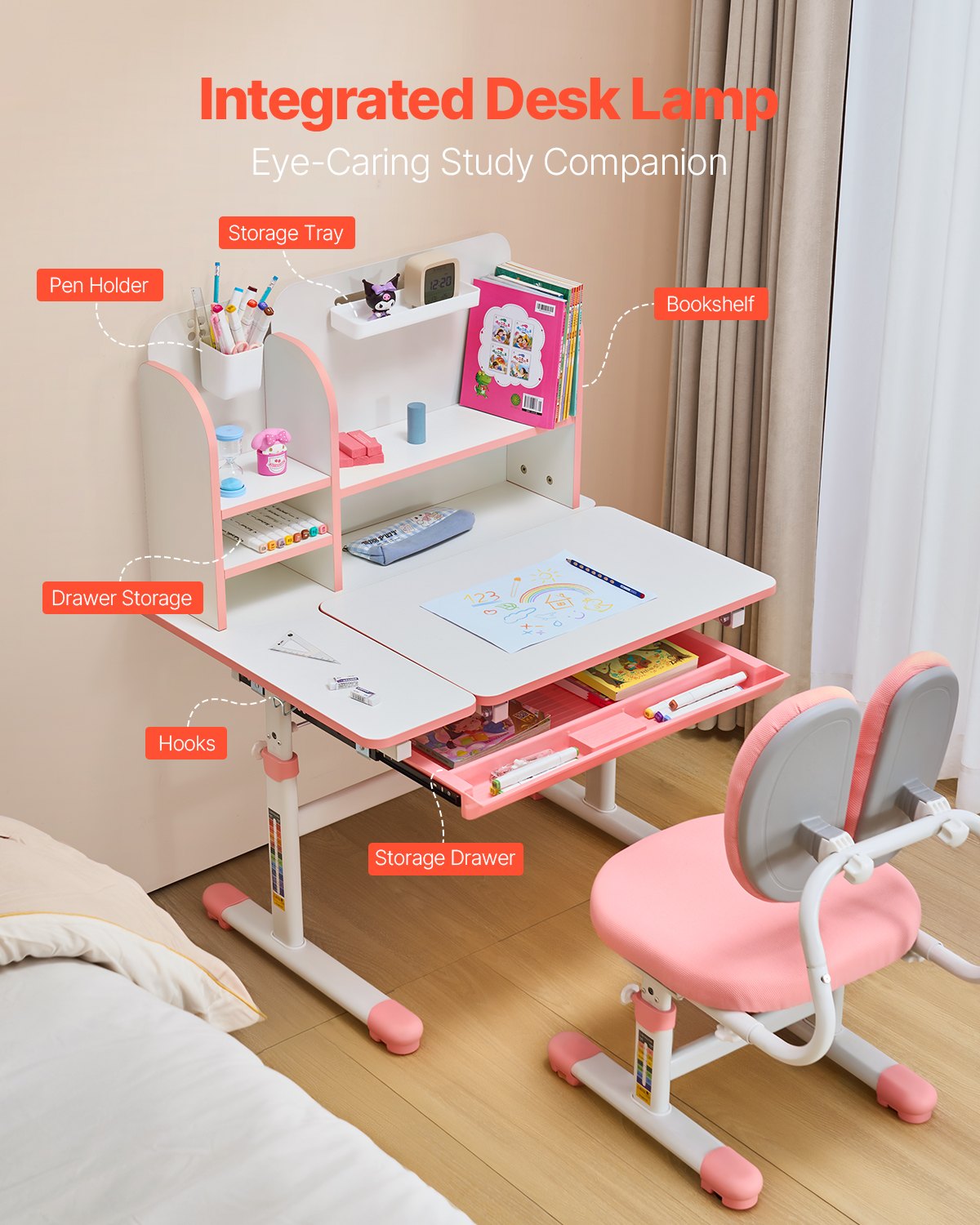 VEVOR Kids Study Chair and Desk Set, Study Desk and Chair for Kids with Bookshelf & Storage Drawer, Adjustable Height & 0-40° Tilted Desktop Desk and Chair, Study Table for Bedroom & Study Room, Pink - ETXXZYFHSDSJAB296V0 - view 6