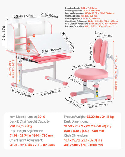 VEVOR Kids Study Chair and Desk Set, Study Desk and Chair for Kids with Bookshelf & Storage Drawer, Adjustable Height & 0-40° Tilted Desktop Desk and Chair, Study Table for Bedroom & Study Room, Pink - ETXXZYFHSDSJAB296V0 - view 8
