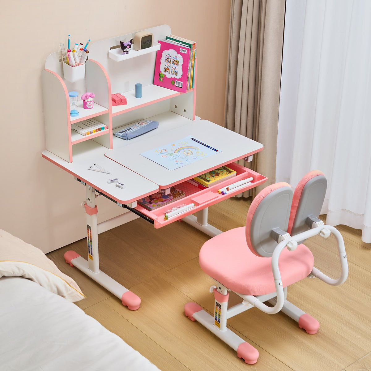 VEVOR Kids Study Chair and Desk Set, Study Desk and Chair for Kids with Bookshelf & Storage Drawer, Adjustable Height & 0-40° Tilted Desktop Desk and Chair, Study Table for Bedroom & Study Room, Pink - ETXXZYFHSDSJAB296V0 - view 9