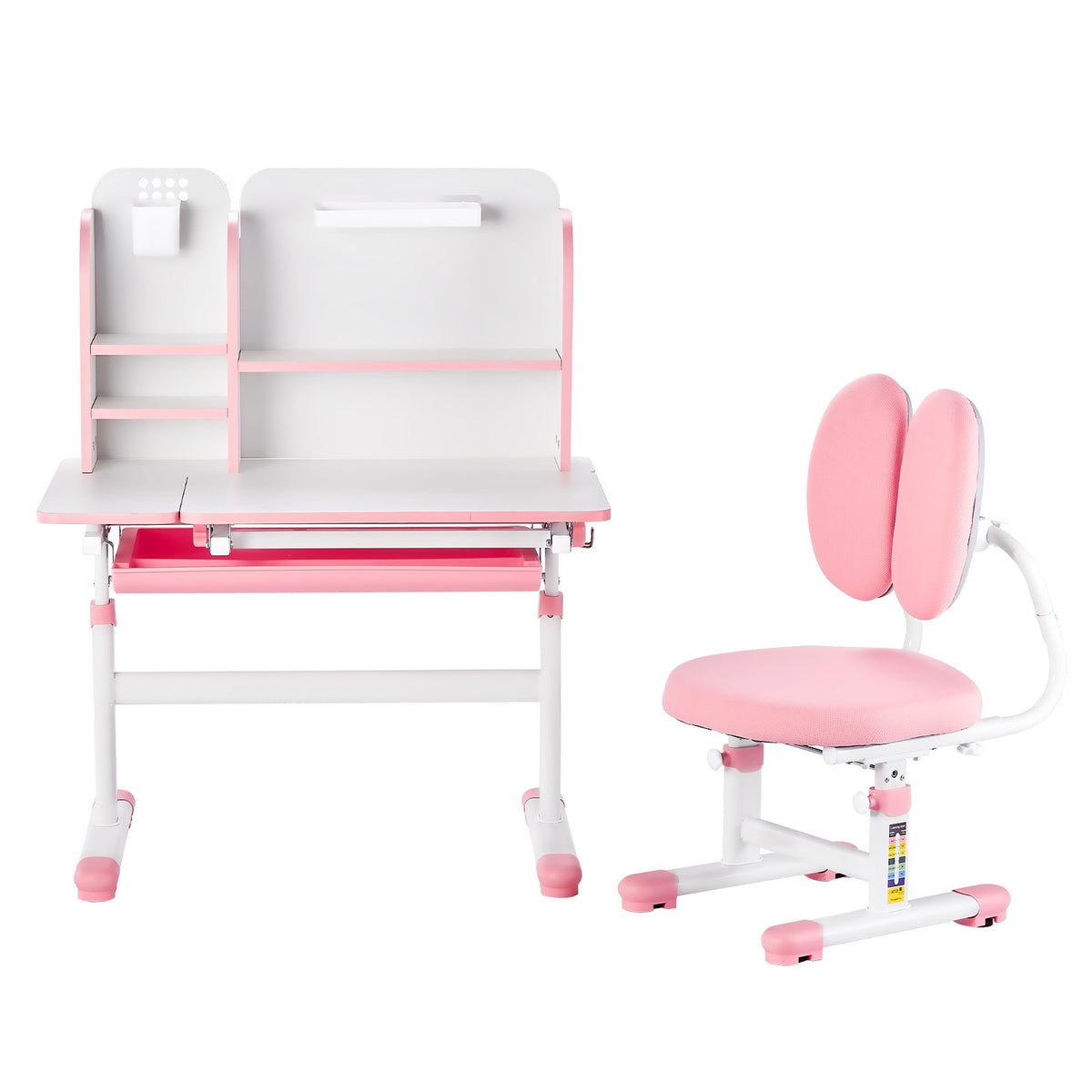 VEVOR Kids Study Chair and Desk Set, Study Desk and Chair for Kids with Bookshelf & Storage Drawer, Adjustable Height & 0-40° Tilted Desktop Desk and Chair, Study Table for Bedroom & Study Room, Pink - ETXXZYFHSDSJAB296V0 - view 10