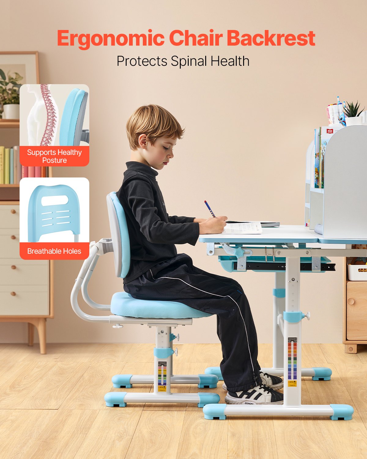 VEVOR Kids Study Chair and Desk Set, Study Desk and Chair for Kids with Bookshelf & Storage Drawer, Adjustable Height & 0-40° Tilted Desktop Desk and Chair, Study Table for Bedroom & Study Room, Blue - ETXXZYLSDSJKQTLKLV0 - view 5
