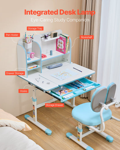 VEVOR Kids Study Chair and Desk Set, Study Desk and Chair for Kids with Bookshelf & Storage Drawer, Adjustable Height & 0-40° Tilted Desktop Desk and Chair, Study Table for Bedroom & Study Room, Blue - ETXXZYLSDSJKQTLKLV0 - view 6