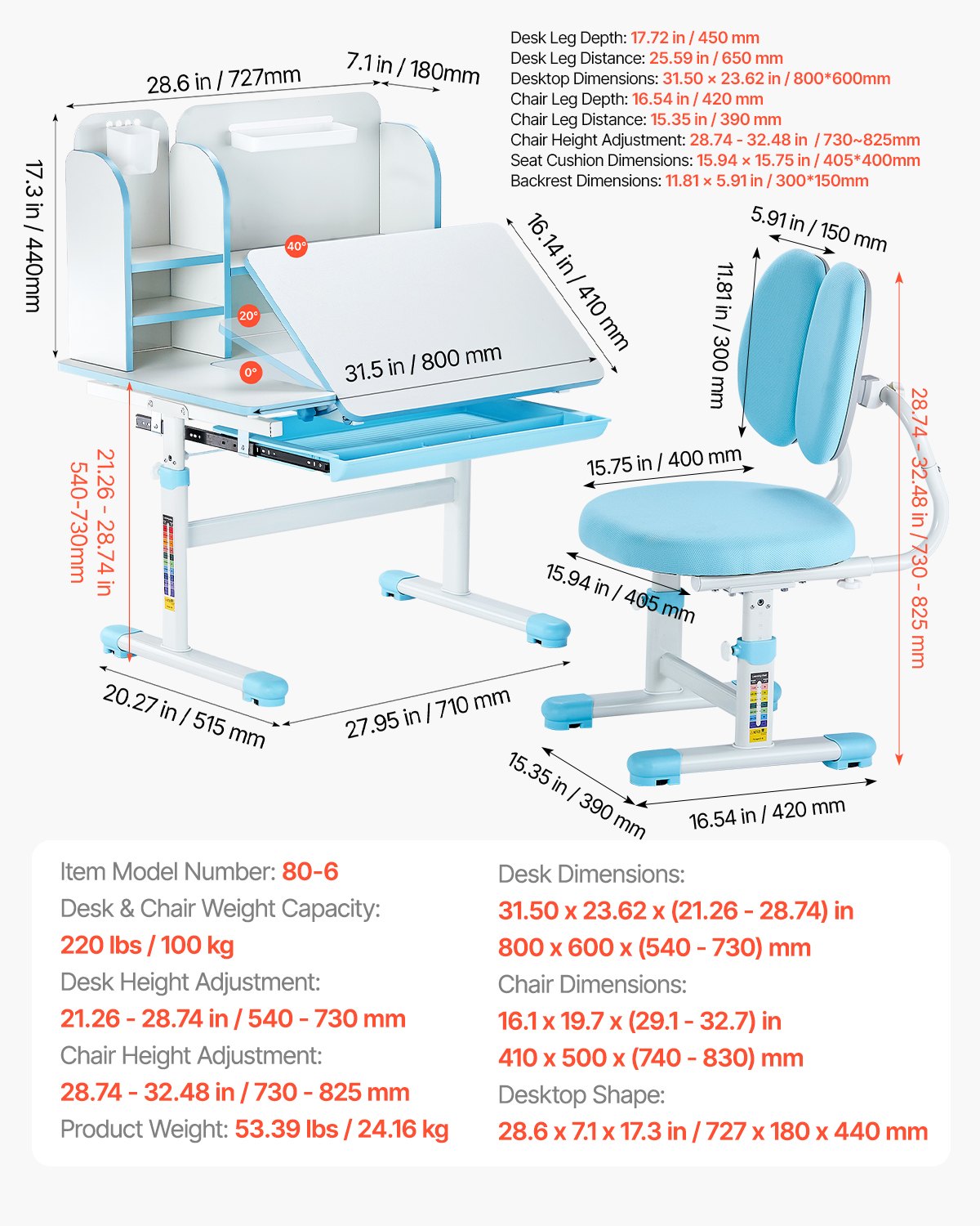 VEVOR Kids Study Chair and Desk Set, Study Desk and Chair for Kids with Bookshelf & Storage Drawer, Adjustable Height & 0-40° Tilted Desktop Desk and Chair, Study Table for Bedroom & Study Room, Blue - ETXXZYLSDSJKQTLKLV0 - view 8