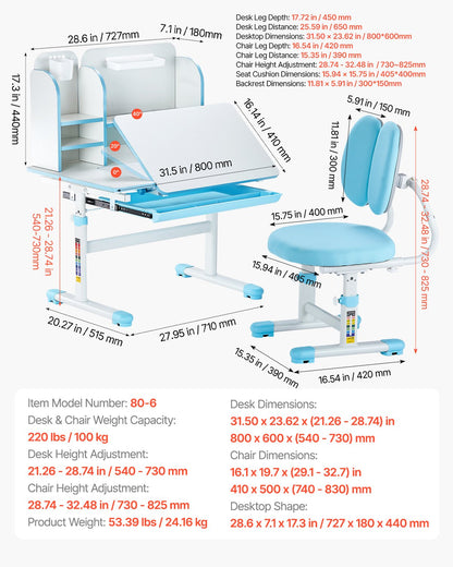 VEVOR Kids Study Chair and Desk Set, Study Desk and Chair for Kids with Bookshelf & Storage Drawer, Adjustable Height & 0-40° Tilted Desktop Desk and Chair, Study Table for Bedroom & Study Room, Blue - ETXXZYLSDSJKQTLKLV0 - view 8