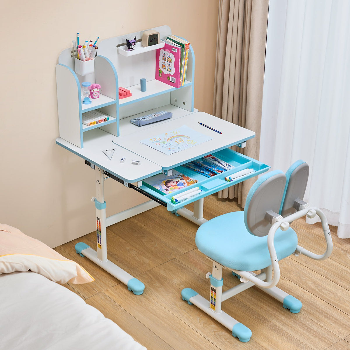 VEVOR Kids Study Chair and Desk Set, Study Desk and Chair for Kids with Bookshelf & Storage Drawer, Adjustable Height & 0-40° Tilted Desktop Desk and Chair, Study Table for Bedroom & Study Room, Blue - ETXXZYLSDSJKQTLKLV0 - view 9