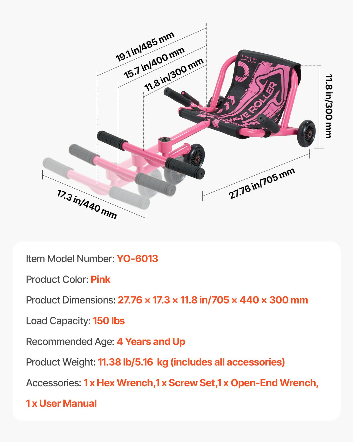VEVOR Ride on Scooter 150 lbs Swing Side-to-Side for Amazing Riding Pink, for Ages 4+, Powered by Zig-Zag Motion, Ride on Toy with 3 Adjustable Length, Brake Lever, Hard Surface Indoor & Outdoor - ETYBCJYKGNCCHQP0M001V0 - view 8