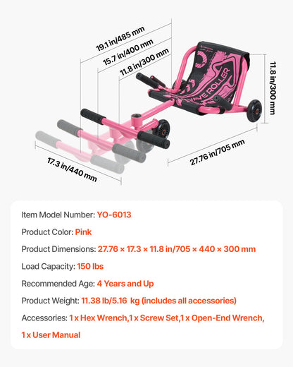 VEVOR Ride on Scooter 150 lbs Swing Side-to-Side for Amazing Riding Pink, for Ages 4+, Powered by Zig-Zag Motion, Ride on Toy with 3 Adjustable Length, Brake Lever, Hard Surface Indoor & Outdoor - ETYBCJYKGNCCHQP0M001V0 - view 8