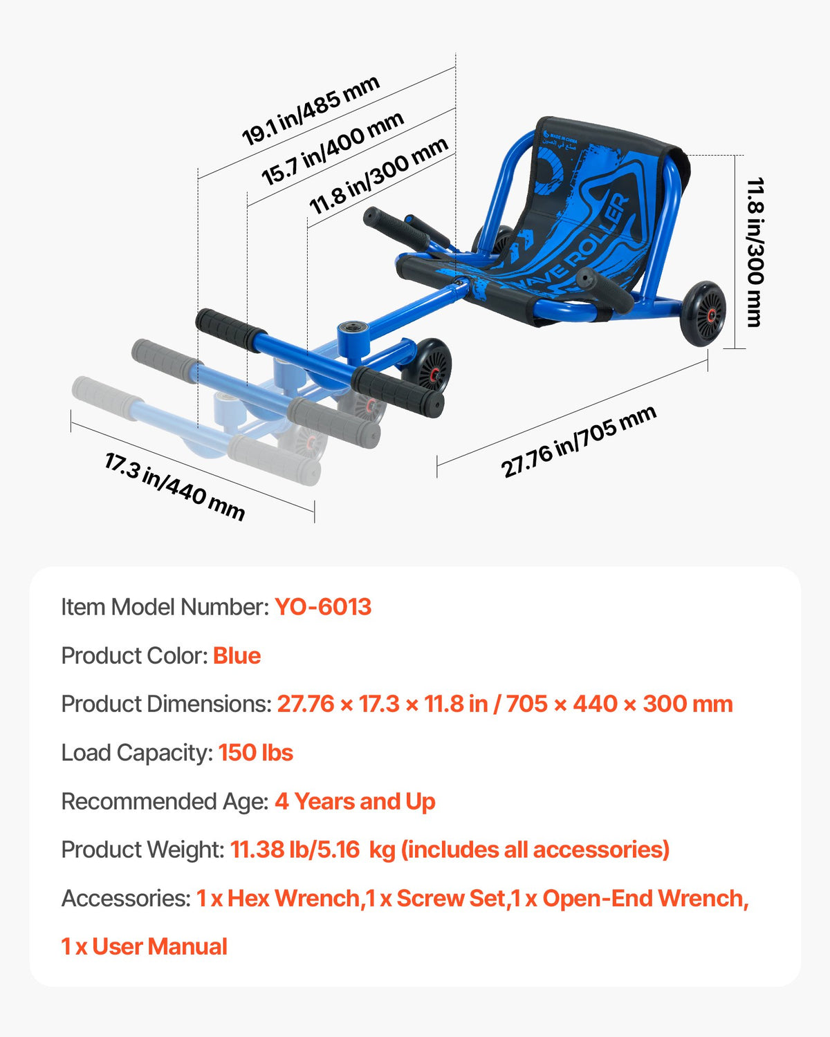 VEVOR Ride on Scooter 150 lbs Swing Side-to-Side for Amazing Riding Blue, for Ages 4+, Powered by Zig-Zag Motion, Ride on Toy with 3 Adjustable Length, Brake Lever, Hard Surface Indoor & Outdoor - ETYBCJYKGNCCS72NP001V0 - view 8