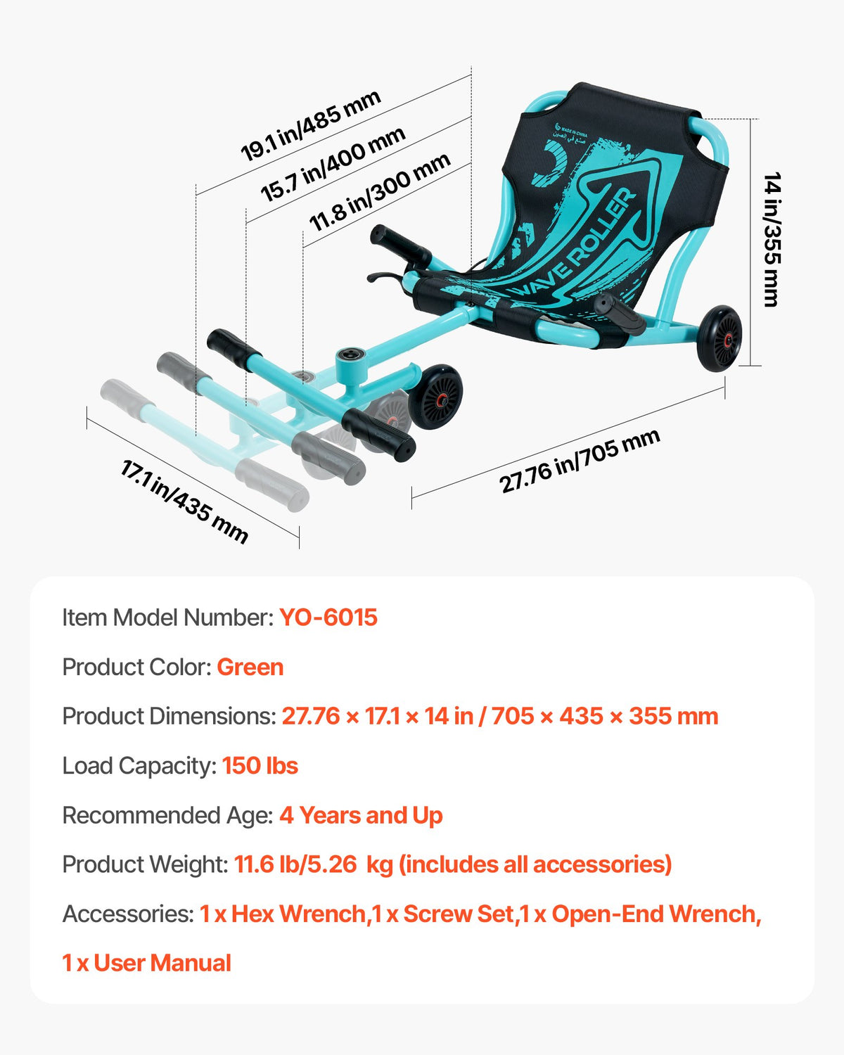 VEVOR Ride on Scooter 150 lbs Swing Side-to-Side for Amazing Riding Green, for Ages 4+, Powered by Zig-Zag Motion, Ride on Toy with 3 Adjustable Length, Hand Brake, for Hard Surface Indoor & Outdoor - ETYBCJYKGNSCZFPF2001V0 - view 8