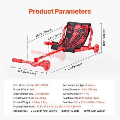 VEVOR Ride on Scooter, Load Capacity of 132 lbs, Swing Side-to-Side for Amazing Ride Powered by Zig-Zag Motion, Ride on Drifting Toy for Ages 4+, Rides on Any Hard Surface for Indoor & Outdoor, Red - ETYBCJYKHS00IWYAFV0 - view 8