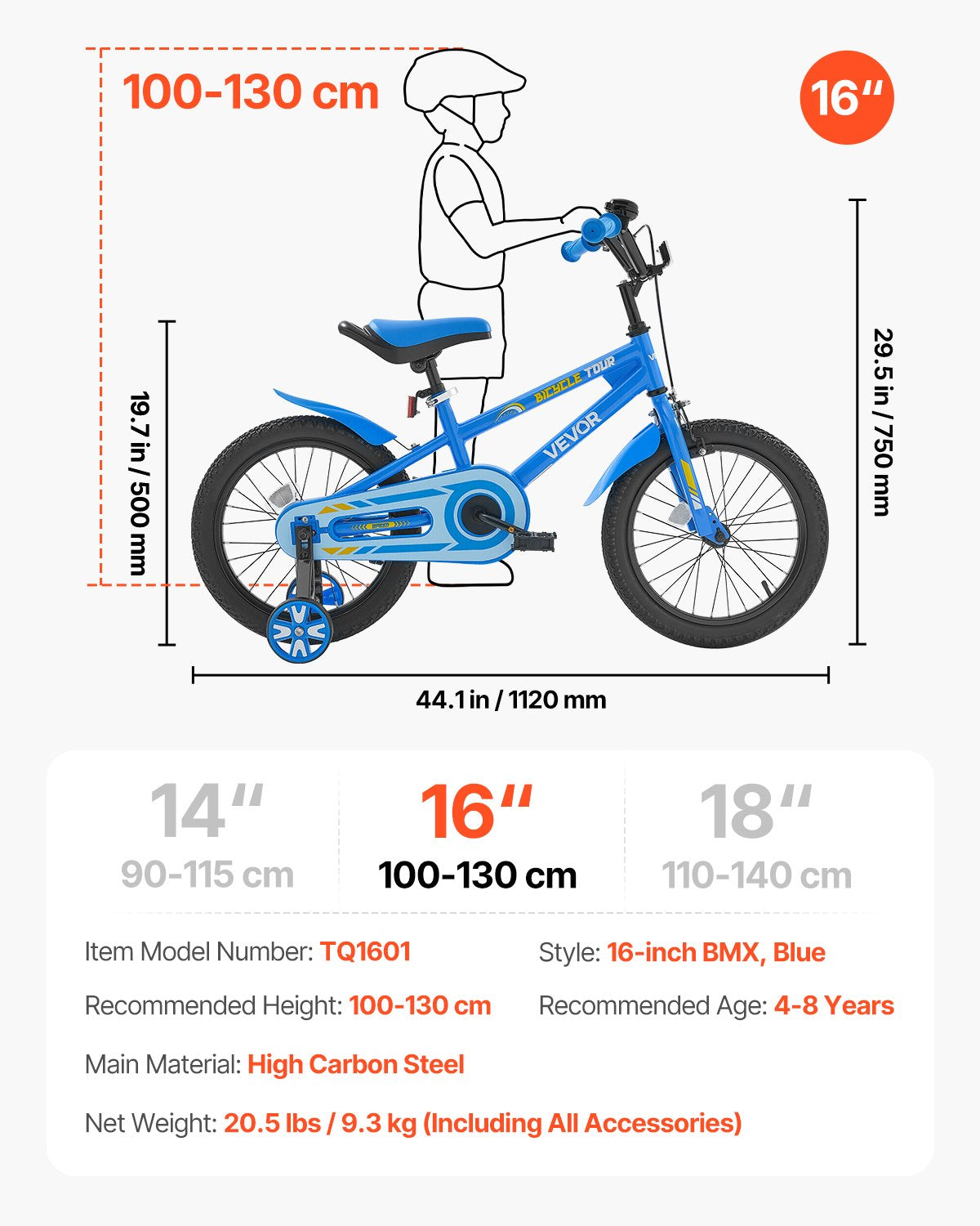 VEVOR Kids Bike, 16 Inches BMX Style Children Bicycle, Rider Height 3.28 ft - 4.27 ft, Training Wheels Included, Sturdy and Easy to Assemble, Toddler Bike for Boys & Girls Learning to Ride, Blue - ETZXC16INCHBNQ0JPV0 - view 8