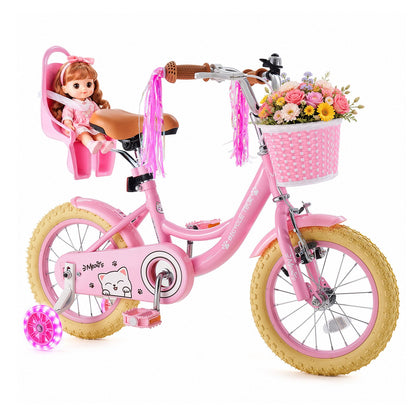 VEVOR Kids Bike, 14 Inch Children Bicycle, Training Wheels Princess Pink, for Girls Ages 3-5, Adjustable Seat, Front Brake and Rear Coaster Brake, Front Basket, Doll Seat, High-Carbon Steel Frame - ETZXCSBCC14IJFM3O001V0 - view 1