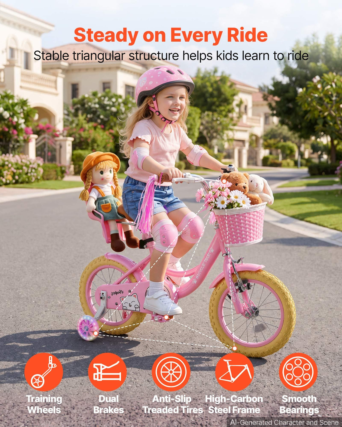 VEVOR Kids Bike, 14 Inch Children Bicycle, Training Wheels Princess Pink, for Girls Ages 3-5, Adjustable Seat, Front Brake and Rear Coaster Brake, Front Basket, Doll Seat, High-Carbon Steel Frame - ETZXCSBCC14IJFM3O001V0 - view 3
