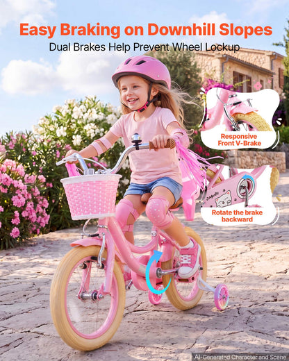 VEVOR Kids Bike, 14 Inch Children Bicycle, Training Wheels Princess Pink, for Girls Ages 3-5, Adjustable Seat, Front Brake and Rear Coaster Brake, Front Basket, Doll Seat, High-Carbon Steel Frame - ETZXCSBCC14IJFM3O001V0 - view 4