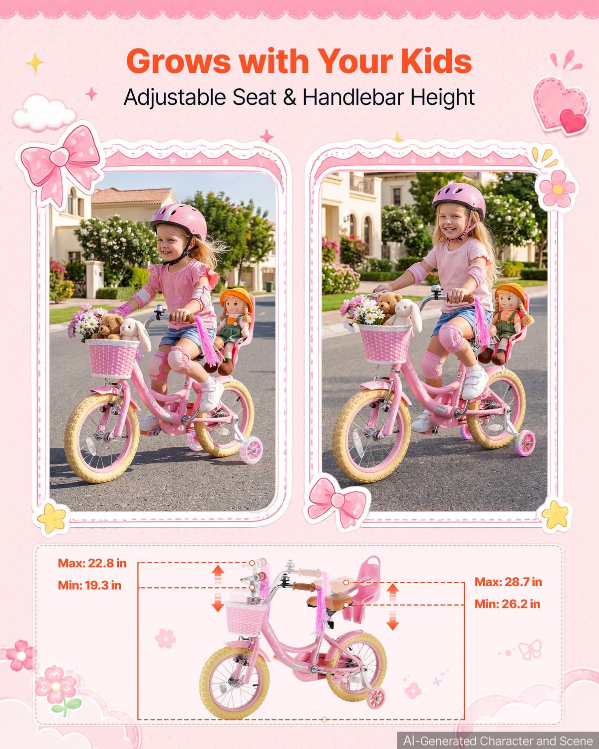 VEVOR Kids Bike, 14 Inch Children Bicycle, Training Wheels Princess Pink, for Girls Ages 3-5, Adjustable Seat, Front Brake and Rear Coaster Brake, Front Basket, Doll Seat, High-Carbon Steel Frame - ETZXCSBCC14IJFM3O001V0 - view 6