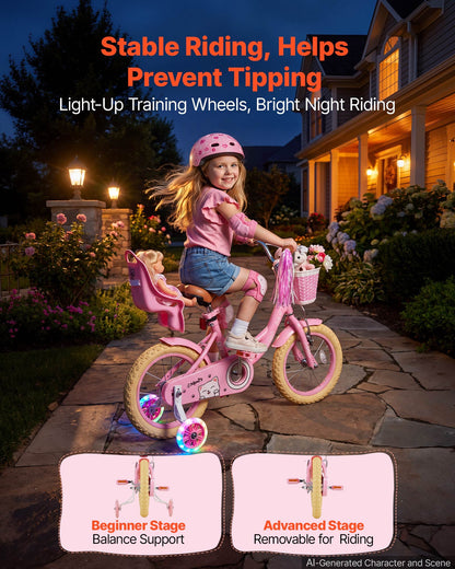 VEVOR Kids Bike, 14 Inch Children Bicycle, Training Wheels Princess Pink, for Girls Ages 3-5, Adjustable Seat, Front Brake and Rear Coaster Brake, Front Basket, Doll Seat, High-Carbon Steel Frame - ETZXCSBCC14IJFM3O001V0 - view 7