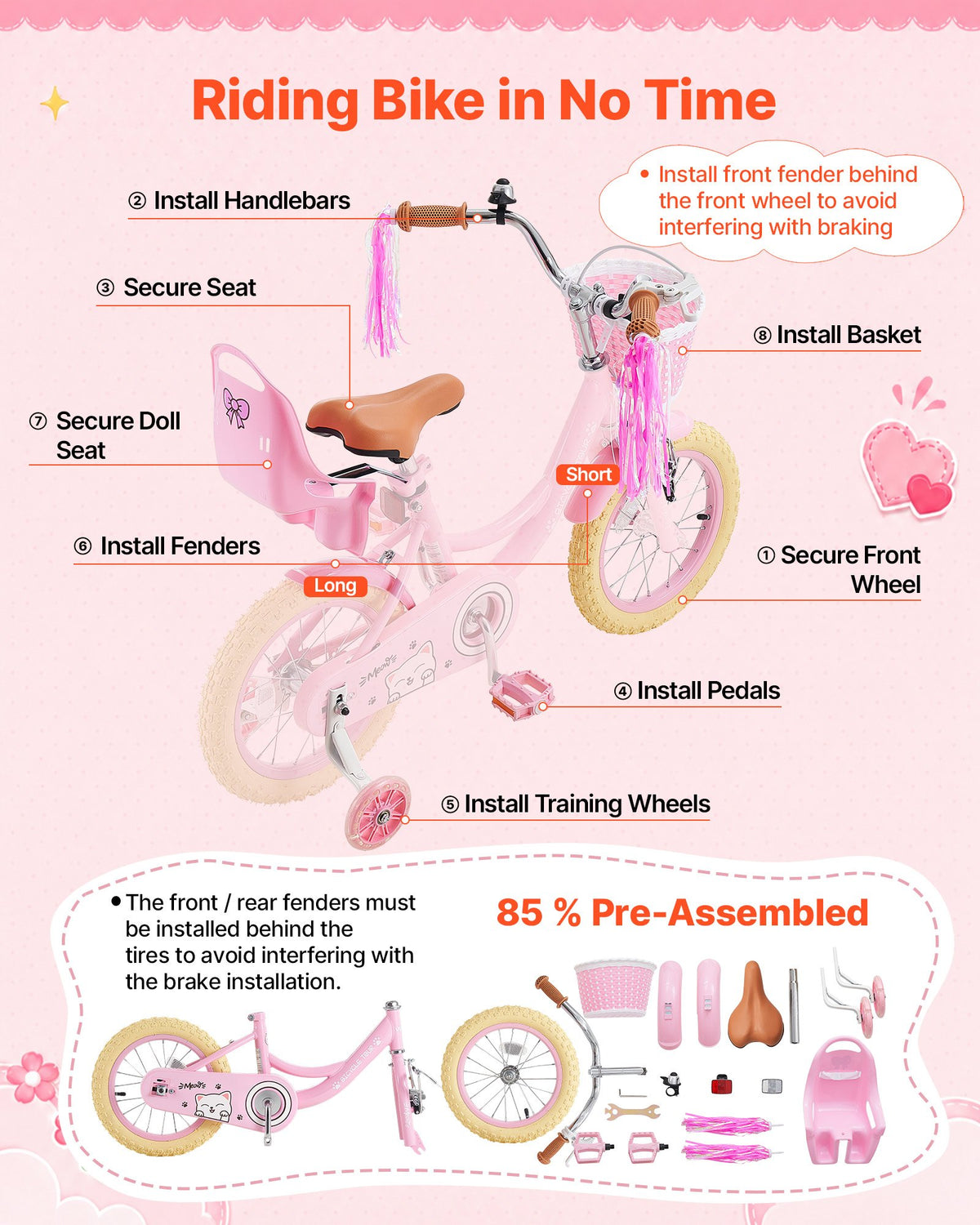 VEVOR Kids Bike, 14 Inch Children Bicycle, Training Wheels Princess Pink, for Girls Ages 3-5, Adjustable Seat, Front Brake and Rear Coaster Brake, Front Basket, Doll Seat, High-Carbon Steel Frame - ETZXCSBCC14IJFM3O001V0 - view 8