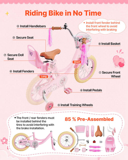 VEVOR Kids Bike, 14 Inch Children Bicycle, Training Wheels Princess Pink, for Girls Ages 3-5, Adjustable Seat, Front Brake and Rear Coaster Brake, Front Basket, Doll Seat, High-Carbon Steel Frame - ETZXCSBCC14IJFM3O001V0 - view 8