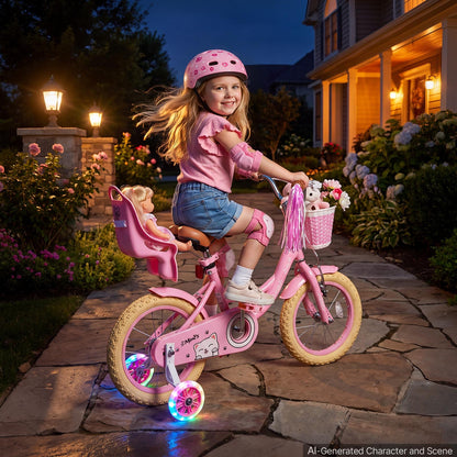 VEVOR Kids Bike, 14 Inch Children Bicycle, Training Wheels Princess Pink, for Girls Ages 3-5, Adjustable Seat, Front Brake and Rear Coaster Brake, Front Basket, Doll Seat, High-Carbon Steel Frame - ETZXCSBCC14IJFM3O001V0 - view 9